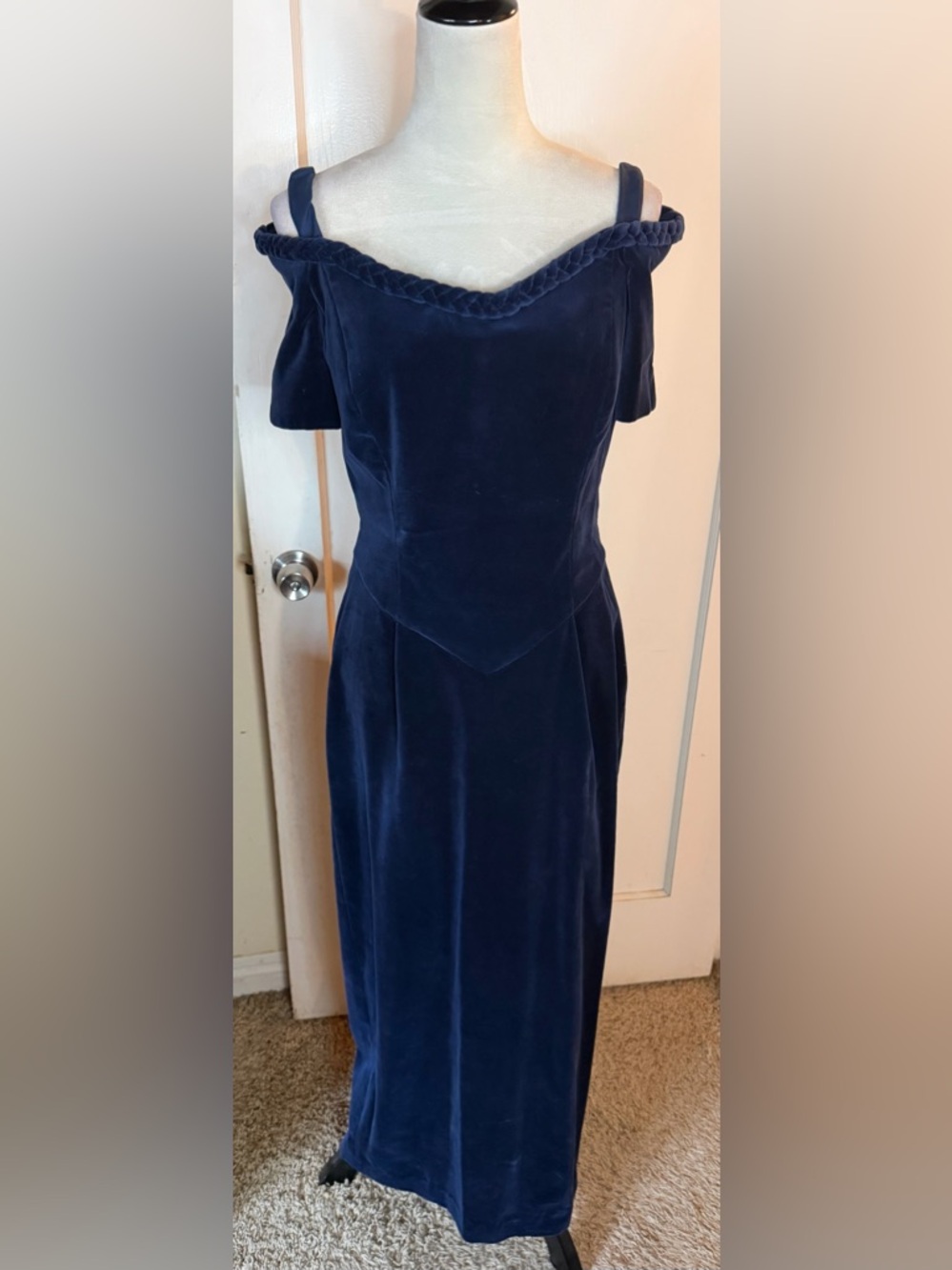 Watters Midnight Blue Velvet Off the Shoulder Maxi Dress Wedding Event Formal - Picture 6 of 14